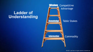 The ladder of understanding graphic highlights the value of marketing wisdom alongside the table stakes of knowledge and the commodified information